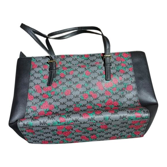 Michael Kors Tote Bag Black Rose Floral MK Monogram Satchel Handbag Purse - Picture 6 of 12